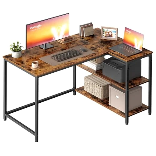 VASAGLE L Shaped Corner Desk, Computer Gaming Desk with Storage, Reversible Height-Adjustable Shelves, for Home Office, 110 x 80 cm, Rustic Brown LWD135KD01