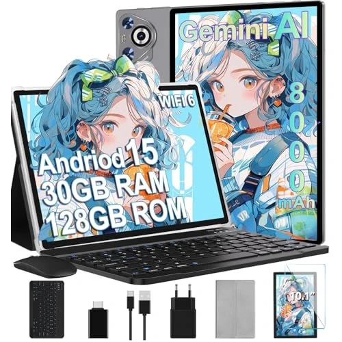 Tablet Android 15, 30 GB RAM 128 GB ROM (TF 2 TB erweiterbar), 10 Zoll, 8000 mAh, WIFI 5G/GPS/BT5.0/OTG, Face ID, Widevine L1, Tablets Metallgehäuse mit Tastatur, Maus, Schutzhülle, Grau
