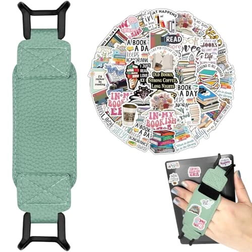KIRZAX 1pc Kindle Wrist Strap, Elastic Holder for 6-8 Inch Kindle eReader Fire Tablet, PU Leather Hand Strap, 50 Retro Beautiful Reading Stickers Free, Prevent Forehand Pain
