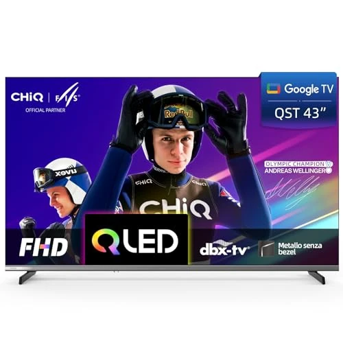 Offerta a tempo: CHiQ L43QST 43 Pollici (109cm) TV QLED Pro Smart Google Full HD TV - Design Metallo Senza Cornice, 90% DCI-P3, HDR10, Dolby Audio, Controllo Vocale - 17% da 239.99 € a 198.54 €