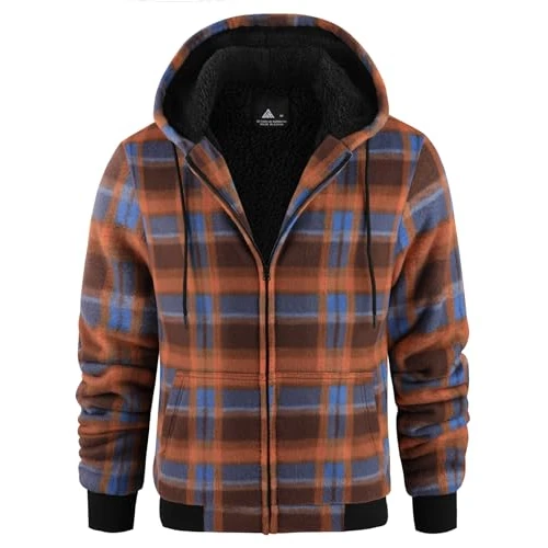 geeksport Męskie kurtki polarowe, męska bluza z kapturem, zamek błyskawiczny, flanelowa, ciepły płaszcz zimowy z kapturem, Pomarańczowo-niebieski, L
