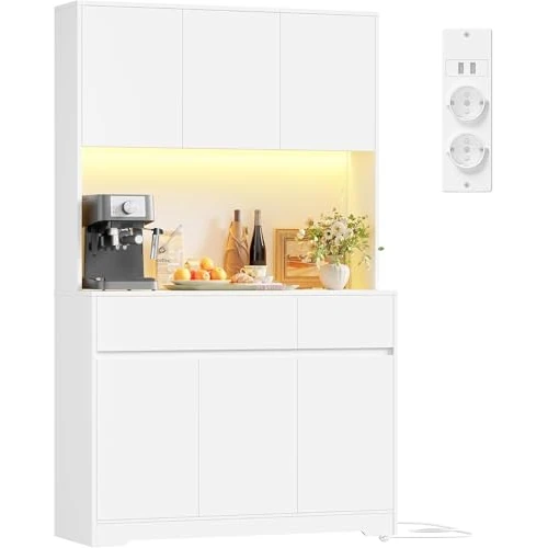 Oferta limitada: FirFurd Alacena Cocina Grande, Muebles de Cocina, Armario Cocinas Almacenaje, Mueble Almacenaje con Iluminacion LED, Regleta, Encimera para Microondas, 2 Cajones, 6 Puertas, Blanco 100x38.5x180cm de 249.99 € a 249.99 € (ahorro 0.00%)