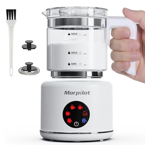 Offerta a tempo: Montalatte Elettrico, Morpilot Milk Frother in Vetro, Bello da Vedere, 6 in 1 Funzione, Capacità 250ml Cappuccino o 500 ml Latte Caldo, Design Diviso, Bianco - 6% da 49.99 € a 46.99 €