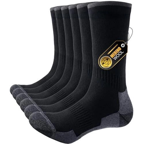 PULIOU Merino Wool Socks, Men's & Women's Thermal Hiking Socks, 3 Pair Black Size 3-5, Anti-Blister, Padded, Work & Winter Socks