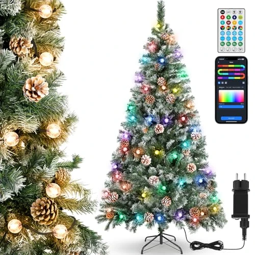 Aigostar 180CM Árbol de Navidad Artificial con Efecto de Nieve, Luces Inteligentes de 10M con 66 Leds(Bolas), 39 Modos Dinámicos, Sync Musical, DIY Colores. Arbol Navidad con 650 Ramas, 43 Piñas