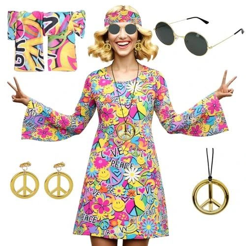 AYBUY Women’s Hippie Dress, 60s 70s Fancy Dress Women Disco Outfit with Necklace, Earrings, Sunglasses and Band, 1960s 1970s Retro Hippy Clothes for Halloween Carnival Cosplay Party, M
