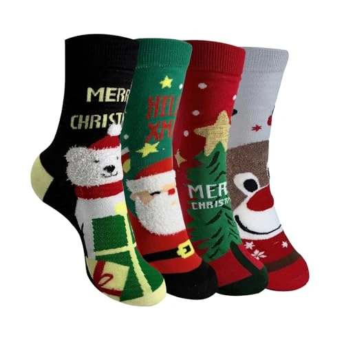 Offerta a tempo: Lifegili 4 Paia Calze natalizie donna,Calzini Natalizi,Carino Calzino di Spessi Cotone,divertenti calze natalizie Con Confezione Regalo Di Natale (A012Shendanwa-C) - 33% da 14.99 € a 9.99 €
