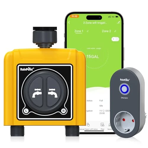 Offerta a tempo: RAINPOINT Centralina Irrigazione WiFi 2 Vie, Timer Irrigazione Smart, Controllo App/Vocale/Manuale, Irrigazione Basata Sull'umidità del Terreno/Meteo, Irrigazione Automatica per Prato/Giardino/Serra - 26% da 84.99 € a 63.17 €