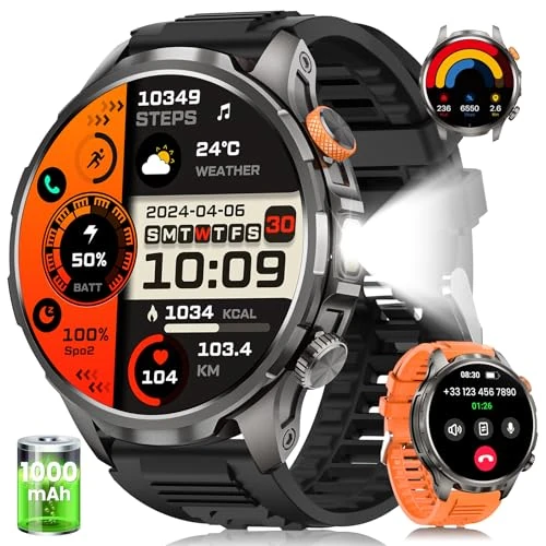 Smartwatch voor heren met 1000 mAh accu/led-zaklampen, 1,91 inch AMOLED 5ATM smartwatch, militaire fitnesstracker met telefoonfunctie, 113 sportmodi, sporthorloge, 24/7 hartslag/slaapmonitor/SpO2/iOS