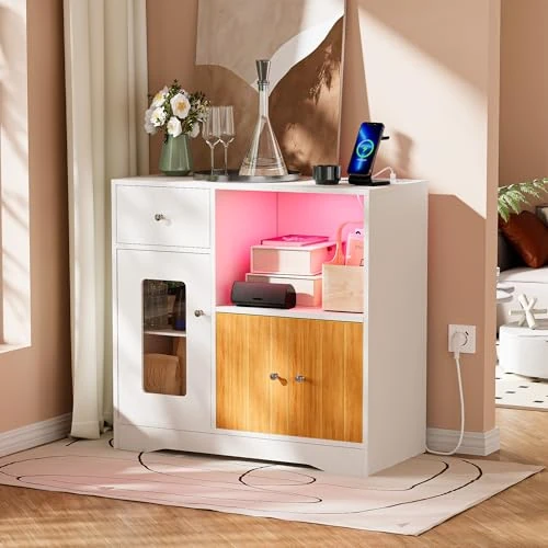 Ztexkee Keukenkast met stopcontact en magnetronrooster, buffet met 1 laden en 2 kasten, dressoir, buffet voor woonkamer, keuken, eetkamer, ingang, wit en oranje