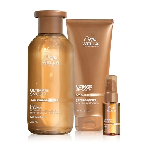 Offerta a tempo: Wella Professionals Ultimate Smooth Shampoo, Conditioner e Miracle Oil Serum - con Squalano e Omega 9 - Ristrutturante Capelli Secchi, Opachi e Crespi (250 ml, 200 ml e 30 ml) - 79% da 52.30 € a 11.20 €