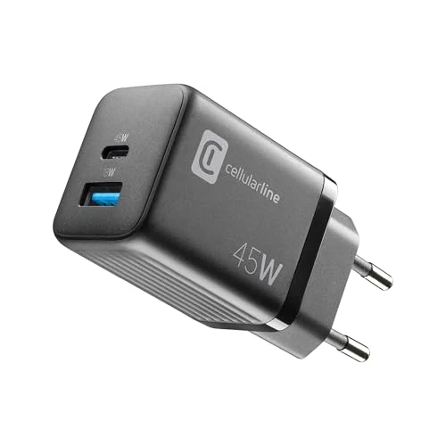 cellularline - Caricabatterie da Rete USB-C 45W + USB-A 18W Super Fast Charging 2.0 Nero per Samsung