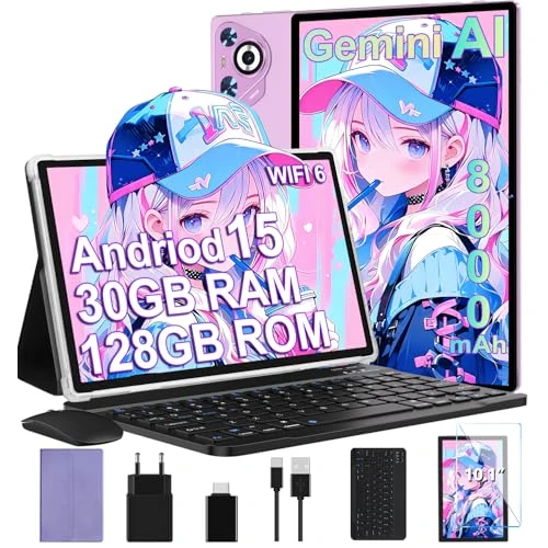 2025 Tablet Android 15, 10 inch, HD IPS-display [30 GB RAM] 128 GB + uitbreiding 1 TB – Octo-Core, 8000 mAh, geïntegreerde behuizing van metaal, 5 MP + 8 MP, WiFi6, Face ID, Widevine L1 – met