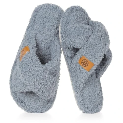 Dokela Pantoufles Femme Mousse à Mémoire Chaussons Peluche Chaud Bandes Croisées Bout Ouvert Chaussures Antidérapantes Slippers,Bleu,40/41 EU