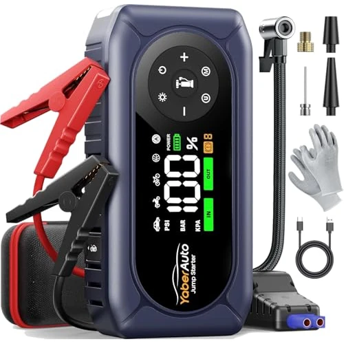9 in 1 Booster Avviamento Auto 6500A con Compressore 150PSI, YaberAuto Avviatore Batteria Auto per 9.0L Gas/8.0L Diesel, 12V Starter Batteria, Guanti isolanti, 500 lumen Torcia