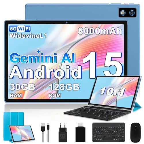 Offerta a tempo: 2026 ultimo Tablet 10 Pollici Android 15 Con 5G WiFi Octa-Core 2.0GHz, Gemini AI tablet, 30GB RAM+128GB ROM, 8000mAh, GPS, BT5, OTG, Widevine L1 - tablet in offerta con Tastiera, Mouse, Custodia - blu — 71% da 349,99 € a 99,99 €