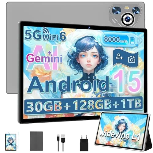 Dghrti 2025 Tablet met touchscreen Android 15, 10 inch, HD IPS-display, 30 GB RAM en 128 GB + uitbreiding 1 TB, Octo-Core en 8000 mAh, WiFi 6, Widevine L1-5 + 8 MP, metalen behuizing, tablet met hoes