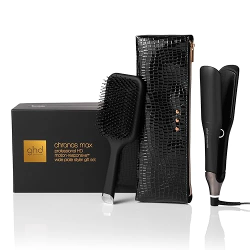 ghd - ghd Chronos Max Hair Straightener Set - Professional Hair Straightener (Black) - Brush and Pouch Included - 3X Faster, Damage-Free Styling - Wide Plates, Long, Thick, Curly Hair