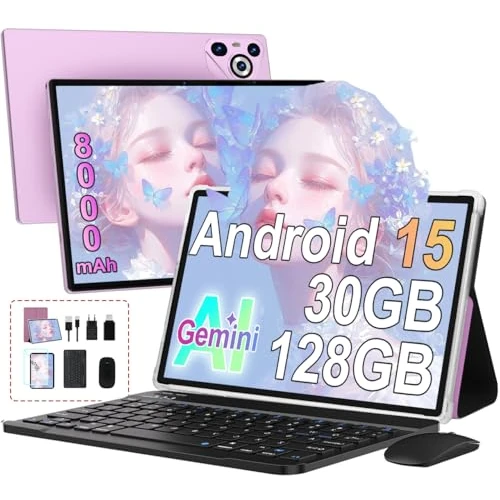 Dghrti Tablet Android 15 10" Schermo IPS HD | 30GB RAM 128GB + Estensione 1TB | Octo-Core 8000mAh | Wi-FI 6 | Widevine L1 | 8MP+5MP | Telaio in Metallo | con Tastiera e Mouse | Viola