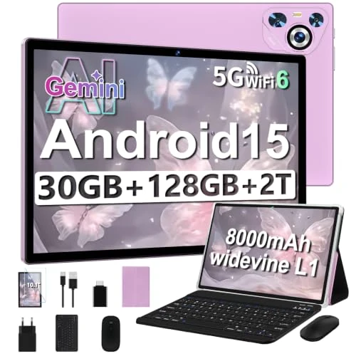 Offerta a tempo: Tablet Android 15, 30GB RAM 128GB ROM+TF 2TB Espandibile [10 Pollici, 8000mAh] OTG, WIFI 5G, GPS, BT5.0, Face ID, Widevine L1, Tablets Corpo in Custodia Protettiva Metallo con Tastiera, Mouse,Viola - 0.00% da 109.99 € a 109.99 €