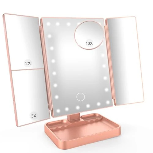 SURFOU LED Makeup Mirror with Lighting, Rechargeable Cosmetic Mirror with 3 Light Colours & Dimmable Brightness, 360° Rotatable for Makeup & Face Care, Gift Idea for Women - Rose Gold