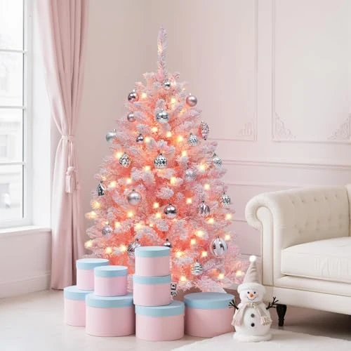 Offerta a tempo: YITAHOME - Albero di Natale artificiale illuminato, ricoperto di neve rosa, albero di Natale in PVC con 400 punte imbiancate e 200 luci bianche calde per la decorazione della casa, 140 cm - 0.00% da 59.99 € a 59.99 €