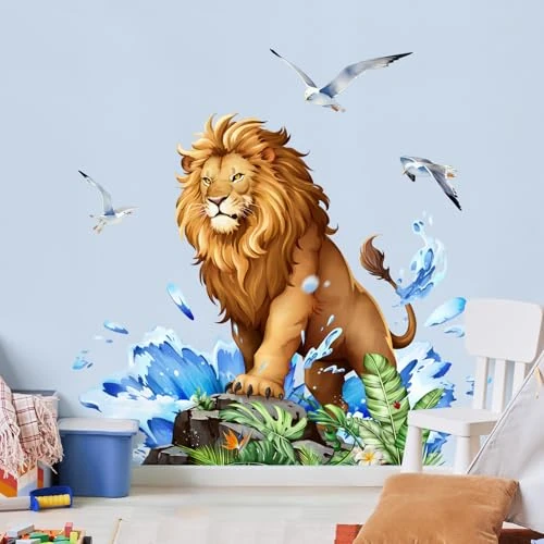 Tijdelijke aanbieding: Tanlaby Leeuw muurstickers leeuw muursticker met jungle bladeren golven meeuwen pellen en opplakken, tropische kunst decor voor babykamer jongens meisjes kinderen peuter slaapkamer speelkamer van 14.34 EUR naar 14.34 EUR (korting 0%)