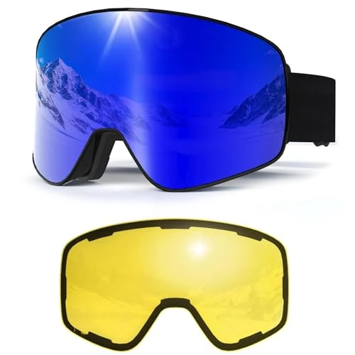 Skibril,YH212 Skibril Voor Over Een Bril,UV 400-bescherming, Anticondens Skibril Voor Volwassen Mannen,Vrouwen en Jongeren Sneeuwscooter,Skiën,Schaatsen (Zwart/Blauwe glazen VLT 19%+ Yellow lens)