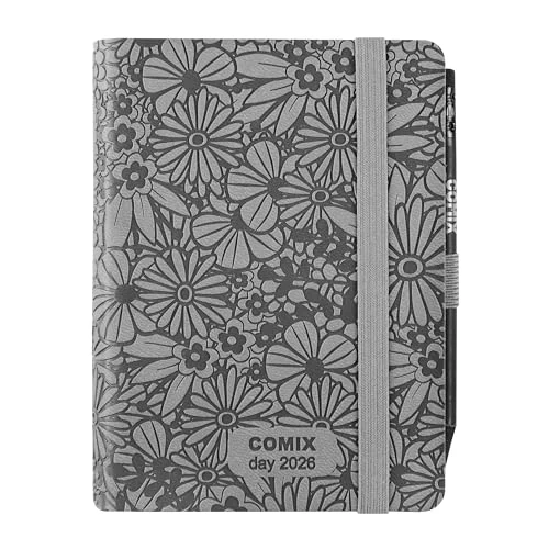 COMIX Mignon - Agenda 2026, 12 meses, diaria, con trabilla elástica porta lápiz o bolígrafo, cierre con elástico y marcapáginas, lápiz COMIX incluido, 9 x 12,5 cm, Flow