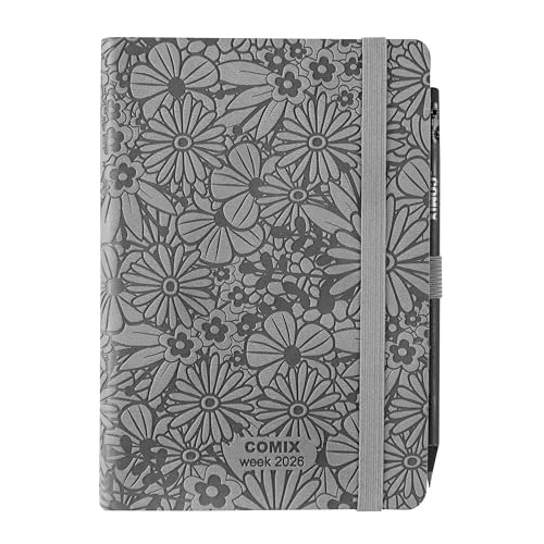 COMIX Medium - Kalender 2026, 12 maanden, wekelijks, met elastische lus voor potlood of pen, sluiting met elastiek en bladwijzer, Comix-pen inbegrepen, 10,7 x 15,9 cm Flow