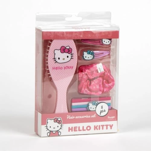 Hello Kitty - Set di accessori per capelli per ragazze - Include spazzola con design Sanrio, clip con personaggio, elastici per capelli - Scrunchie rosa - Regalo ideale