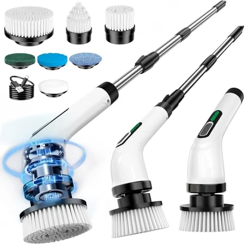 FYDEE Spazzola Rotante Pulizia Casa, Spazzola Elettrica Rotante per Pulizia con 7 Testine e Manico Regolabile, Impermeabile IPX7, 2 Velocità e USB Ricaricabile per Pavimenti, Bagno, Vasca