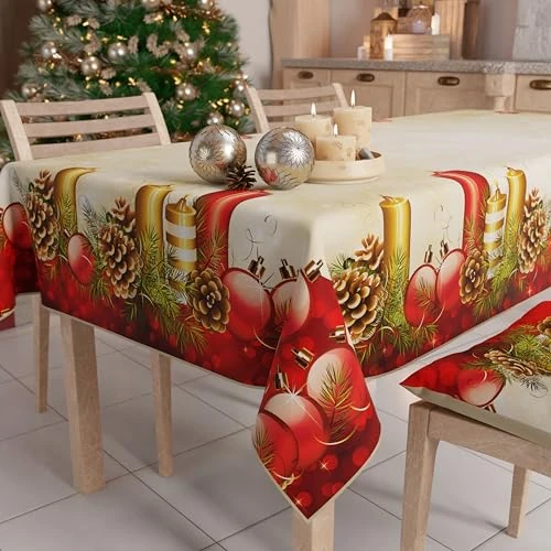 PETTI Artigiani Italiani - Tovaglia Natalizia Antimacchia Rettangolare Copritavolo Natalizio Cucina Disegno Candele X14 Posti (140x300 cm) 100% Made in Italy