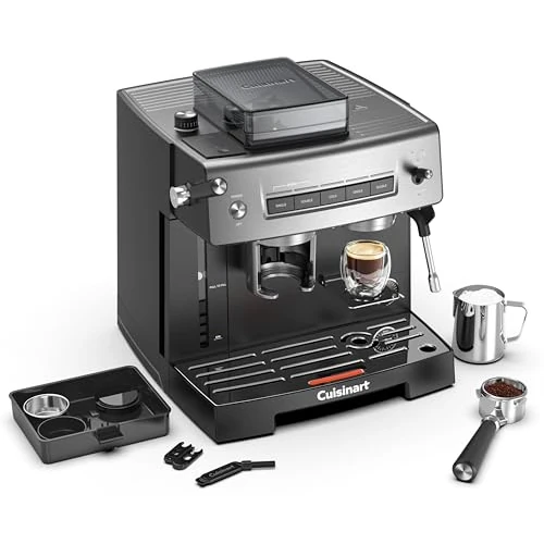 Cuisinart Espressomachine | Maalwerk, pers, bereiding | Espresso, Americano, Cold Brew | Melkopschuimer | 16 instellingen | 20 bar | 2,2 l | korrels | stoommondstuk | zeefdrager zonder bodem
