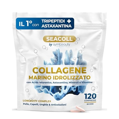 Offerta a tempo: Collagene Marino con Acido Ialuronico [120 cpr x 60gg] Collagene Idrolizzato Tripeptidi | Astaxantina Zinco Biotina Vitamina C | Capelli, Pelle, Unghie - Longevity Complex SEACOLL by Symbeauty - 11% da 11.90 € a 10.60 €
