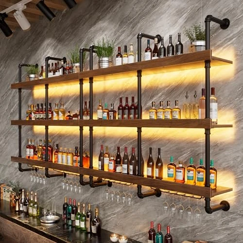 Offerta a tempo: Portabottiglie da Parete con LED & Supporto in vetro 3 Livelli Portabottiglie Da Vino Enoteca Galleggiante A Parete in Metallo & Legno Massello Portabottiglie con Ripiano Espositivo 120*25*120CM - 0.00% da 129.99 € a 129.99 €