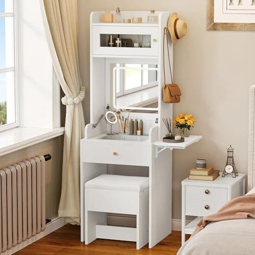 YITAHOME Tavolo da condimento con specchio LED pieghevole, scrivania compatta con pannello flip-up, strumento Cushioned Stool, top in vetro temperato, design e ganci, piccolo tavolo per trucchi per