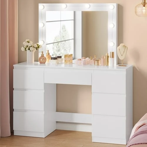 Offerta a tempo: WOLTU Grande toeletta da trucco, Toeletta con Specchio e Luci, Tavolo da trucco con specchio, Postazione Trucco con 7 cassetti per Camera da Letto, bianco, 107 cm - 23% da 154.99 € a 119.99 €