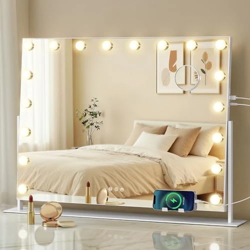Tijdelijke aanbieding: SONGMICS Make-upspiegel met verlichting, make-upspiegel met 18 ledgloeilampen, met oplaadpoorten, touch-bediening, 3 lichtkleuren, dimbaar, telefoonhouder, 80 x 60 cm, mat wit LWM003WC02 van 78.99 € naar 78.99 € (0.00% korting)