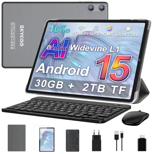 SKYEGG Tablet 10 Pulgadas Android 15 con Gemini AI, 30 GB RAM + Ampliable 2 TB ROM, Octa-Core, Widevine L1, WiFi 5G, Cámara 8 MP + 5 MP, Batería 6000 mAh, con Teclado, Ratón y Funda – Gris