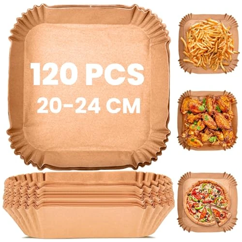 KitchenBoss Carta per Friggitrice ad Aria: 120 Pezzi Carta Forno Per Friggitrice ad Aria Quadrata 20-24cm Antiaderente Impermeabile Antiolio Air Fryer Accessori per Air Fryer Forno Padelle Microonde