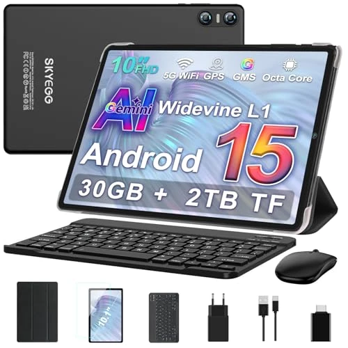 SKYEGG Android 15 Tablet 10 inch met Gemini AI, 30 GB RAM + 64 GB ROM (uitbreidbaar tot 2 TB), Widevine L1, Octa-Core, 5G WiFi, 6000 mAh, BT 5.0, tablet touchscreen met toetsenbord en muis, zwart
