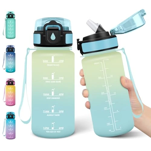 Motswedi Drinkfles voor kinderen, 500 ml, lekvrij, met rietje, BPA-vrij, drinkflessen met 2 deksels, waterfles, kinderfles, voor school, sport, vuil wit en lichtblauw