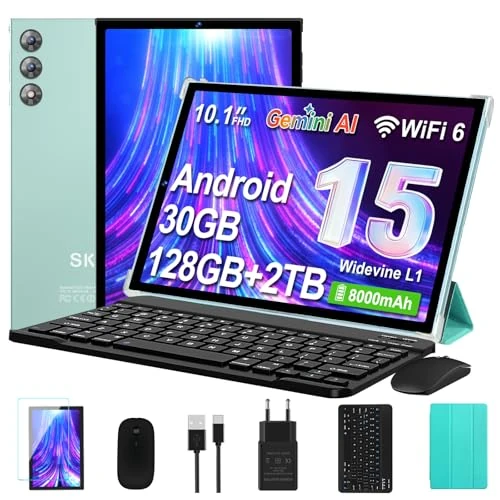 Tablet 25,4 cm (10 Zoll) Android 15 mit Gemini AI, 30 GB RAM 128 GB + 2 TB Esp., Octa-Core, WiFi 6 BT 5.0, Widevine L1, Akku 8000 mAh, Kamera 8/5 MP, Tastatur Maus, Gehäuse aus Metall, Blaugrün