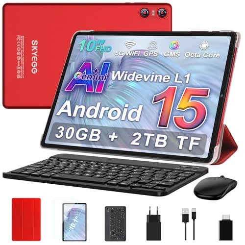 Offerta a tempo: SKYEGG Tablet 10 Pollici Android 15 con Gemini AI, 30GB RAM + Espandibile 2TB ROM, WiFi 5G, BT5.0, Widevine L1, Octa-Core, Fotocamere 8MP/5MP, 6000mAh, con Tastiera, Mouse e Custodia – Rosso Scuro - 21% da 125.99 € a 99.99 €