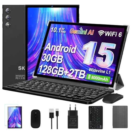 Tablet 10 Zoll Android 15 mit Gemini AI, 30 GB RAM 128 GB ROM + 2 TB Esp., Octa-Core, WiFi 6 BT 5.0, Widevine L1, Akku 8000 mAh, Kamera 8/5 MP, Tastatur Maus, Gehäuse aus Metall, Schwarz