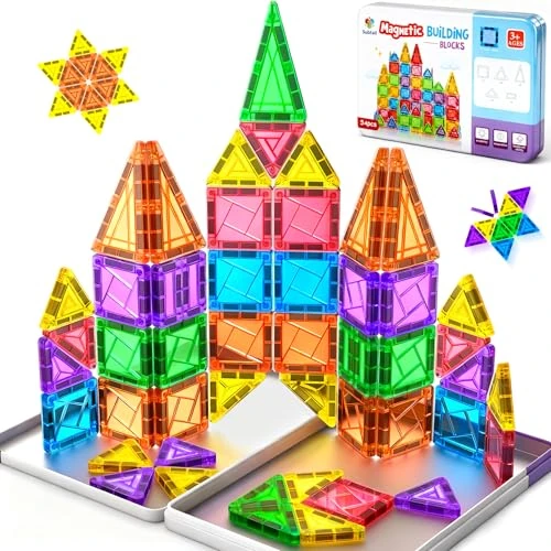 Subtail 54PCS Bloc de Construction Magnetique Jouet Cadeau Enfant 3 Ans de Voyage Jeux Blocs Magnetic Tiles Montesorri Cadeau Enfant Fille Garcon 3 4 5 6 Ans Anniversaire Noël