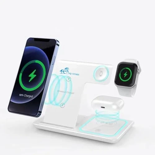 Wireless Charger 3 in 1, 15W Fast Charging Station with LED Indicator, Foldable Stand, Compatible with Smartphones, Earbuds & Smartwatches – NQ STORE