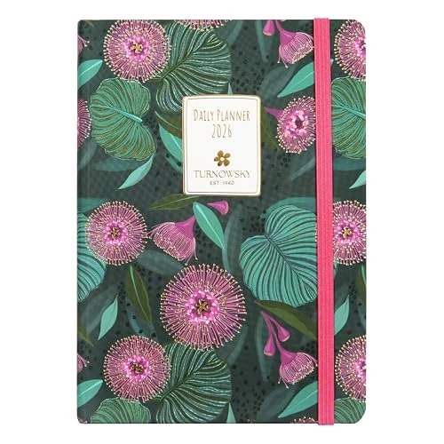 Turnowsky Mini 2026 12 Month Daily Diary with Elastic Band and Metal Cutting Bookmark for Work and University, 352 Coloured Printed Pages, Format 11 x 15.3 h, Monstera