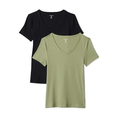 Oferta limitada: Amazon Essentials Camiseta de Manga Corta Ajustada con Cuello en V para Mujer, Paquete de 2, Negro/Oliva, Talla XXL de 15.20 € a 15.20 € (ahorro 0.00%)
